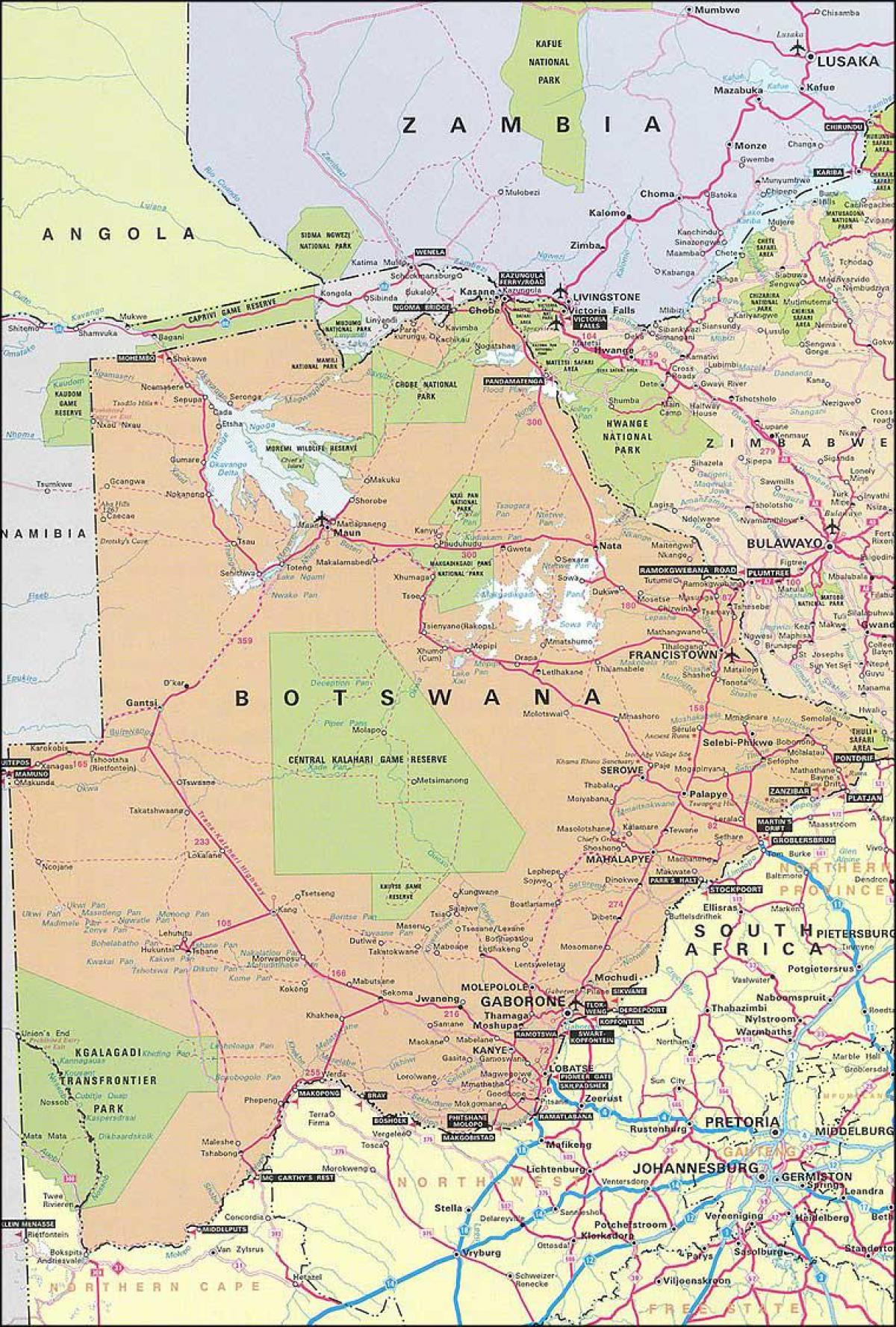 map of detailed road map of Botswana